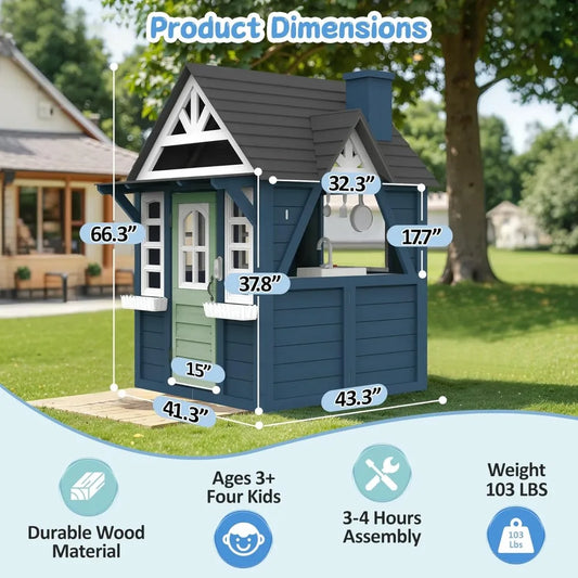 Playhouse Outdoor,Wooden Play House Playset, Large, Sturdy, Realistic Design with Kitchen, Doorbell, Customized