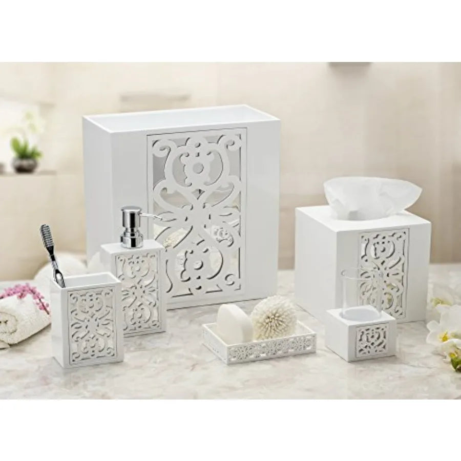 White Bathroom Accessories Set 6 Piece Complete Set Includes Soap Dispenser Toothbrush Holder Tumbler Cup Soap Dish Tissue Cove