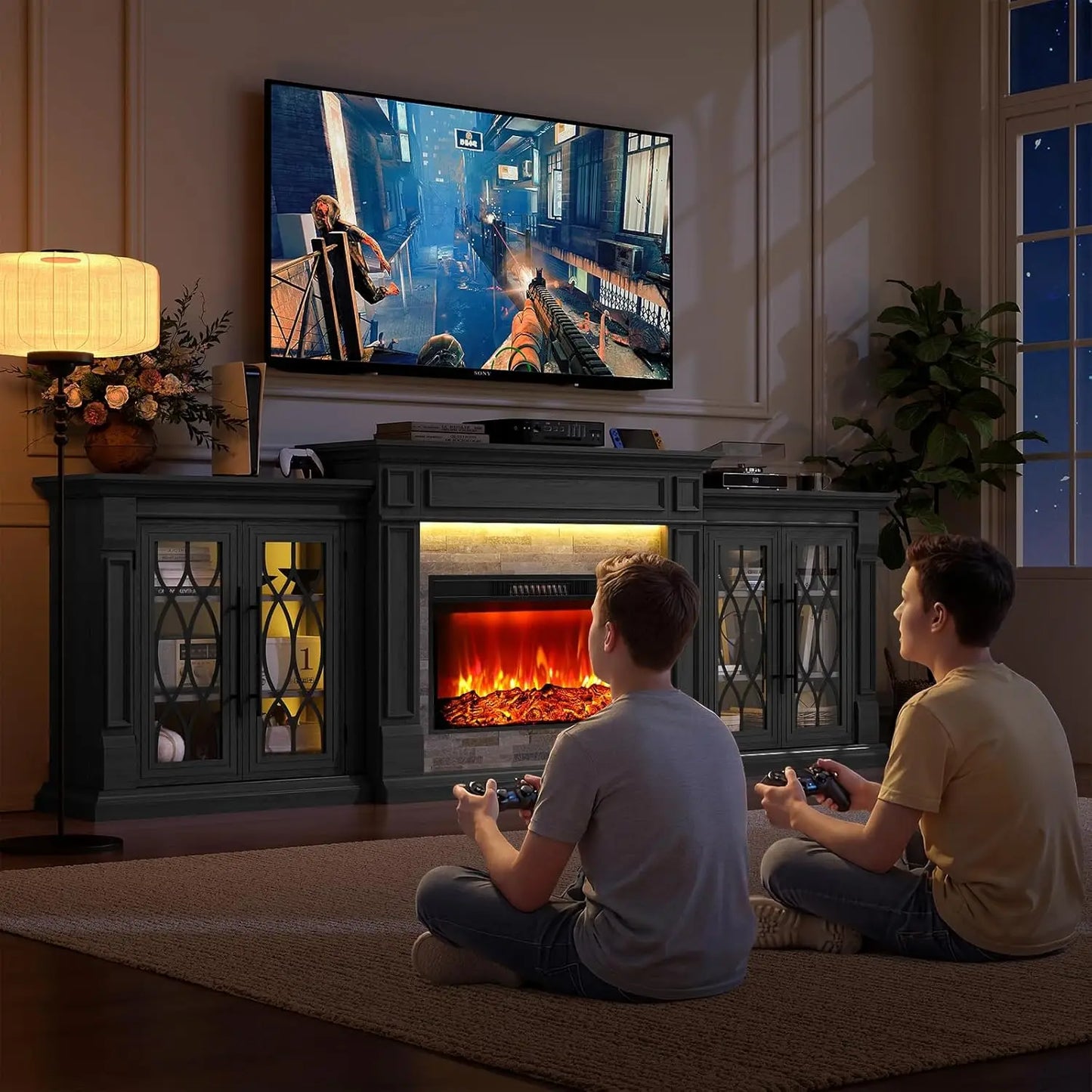 Fireplace TV Stand Electric Mantel With Cabinets Tempered Glass Doors
