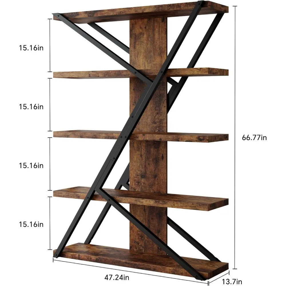 5 Tier Bookshelf, Display Bookshelf with 30mmThickened Board, 47.2 Inch Straight Wide Bookcase with Metal Frame and Woode