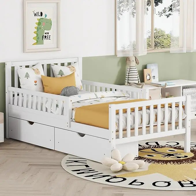 Kids Twin Bed With Guardrails Headboard Footboard And Drawers
