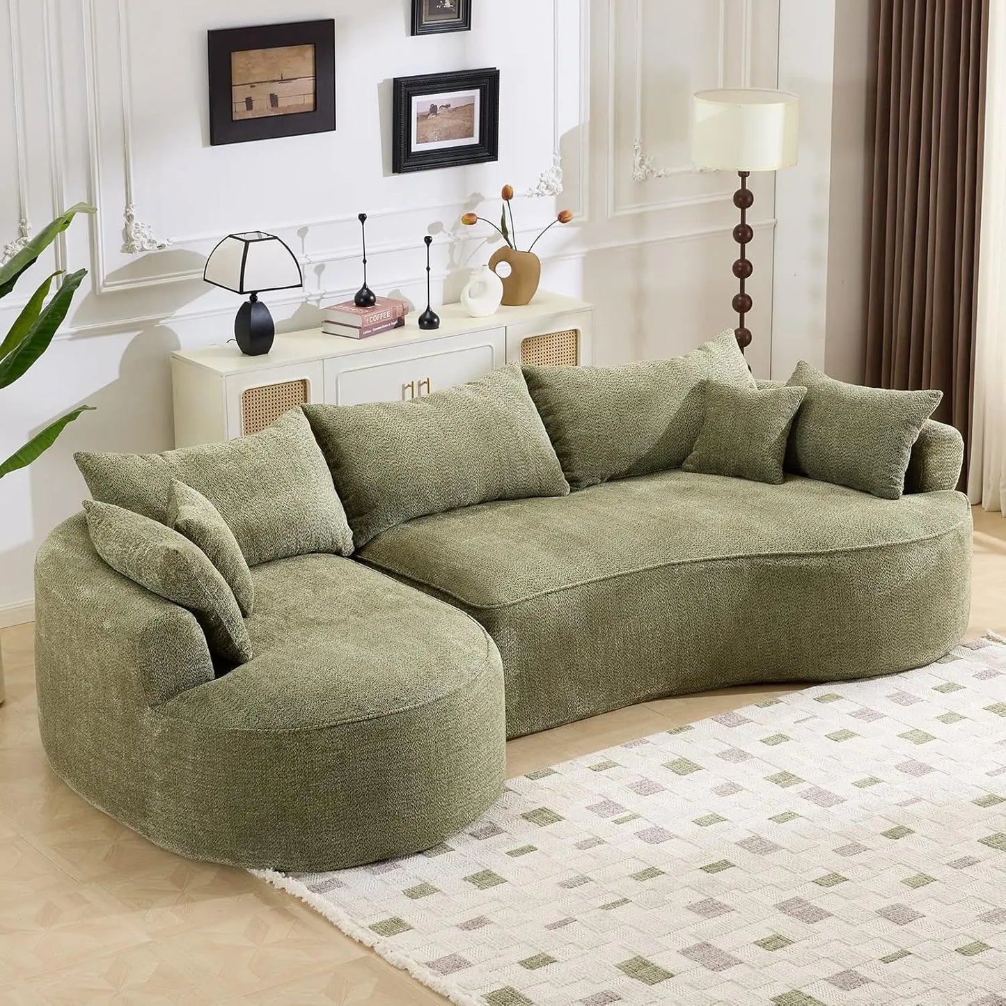 L-Shaped Sofa Sectional Couch With Curved Seat Design And 7 Pillows Customized
