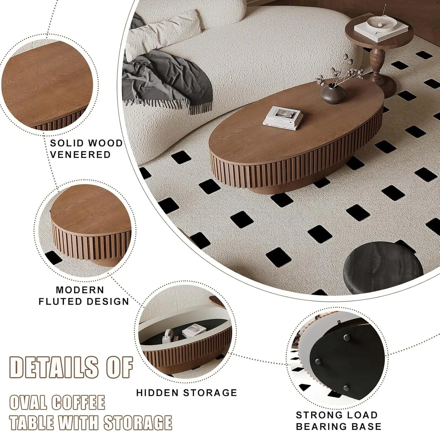 Oval Fluted Coffee Table With Storage In Solid Wood Veneer