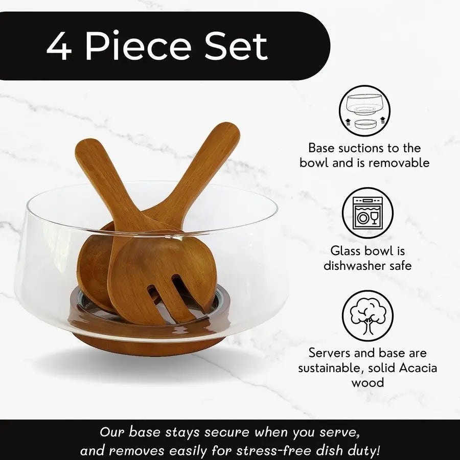 Glass Salad Bowl Set with Acacia Wood Base amp Salad Servers Elegant Serving Bowl for Salads, Pasta, Fruit amp Snacks EasyClean