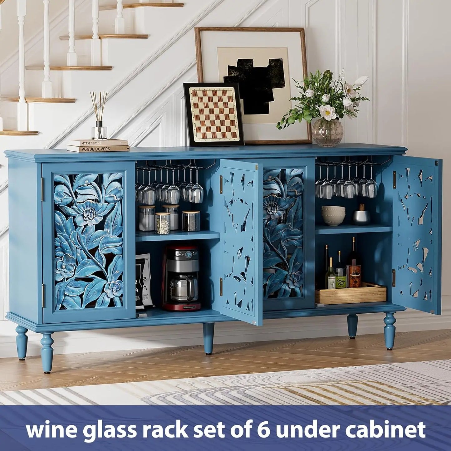 4-Door 61" Sideboard Buffet Console Adjustable Shelves Wood Grain Hidden Handles Kitchen Dining Living Storage Customized