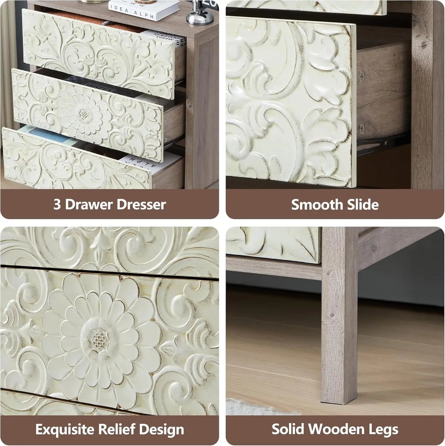 3 Drawer Dresser Vintage French Chest of Drawers for Storage