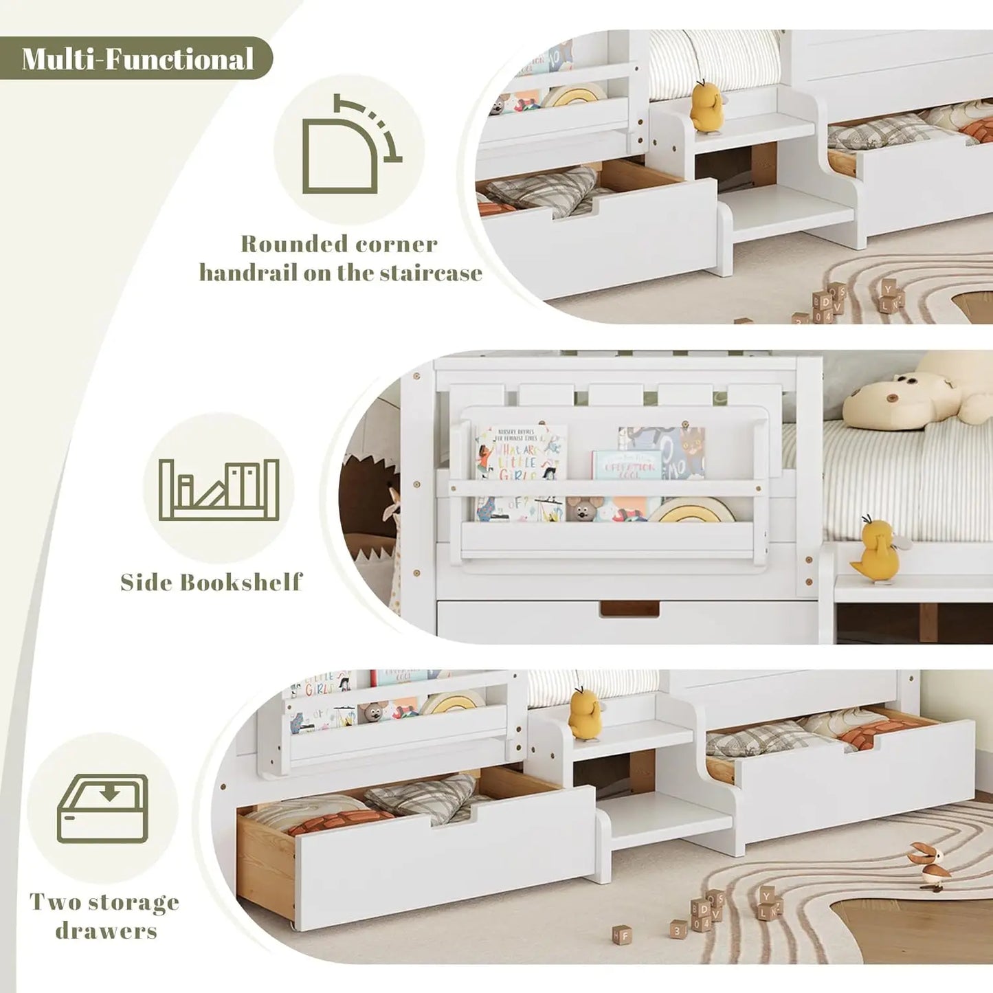 Queen Size Montessori Kids Bed Frame with Stairs Bookshelf Drawers Storage Low-Profile Wood for Boys Girls Room, Customized