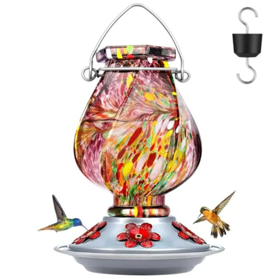 Hummingbird Feeder, Hand Blown Glass Hummingbird Feeders for Outdoors Hanging with Ant Moat, 5 Bee-Proof Ports, Leak-Proof, 360