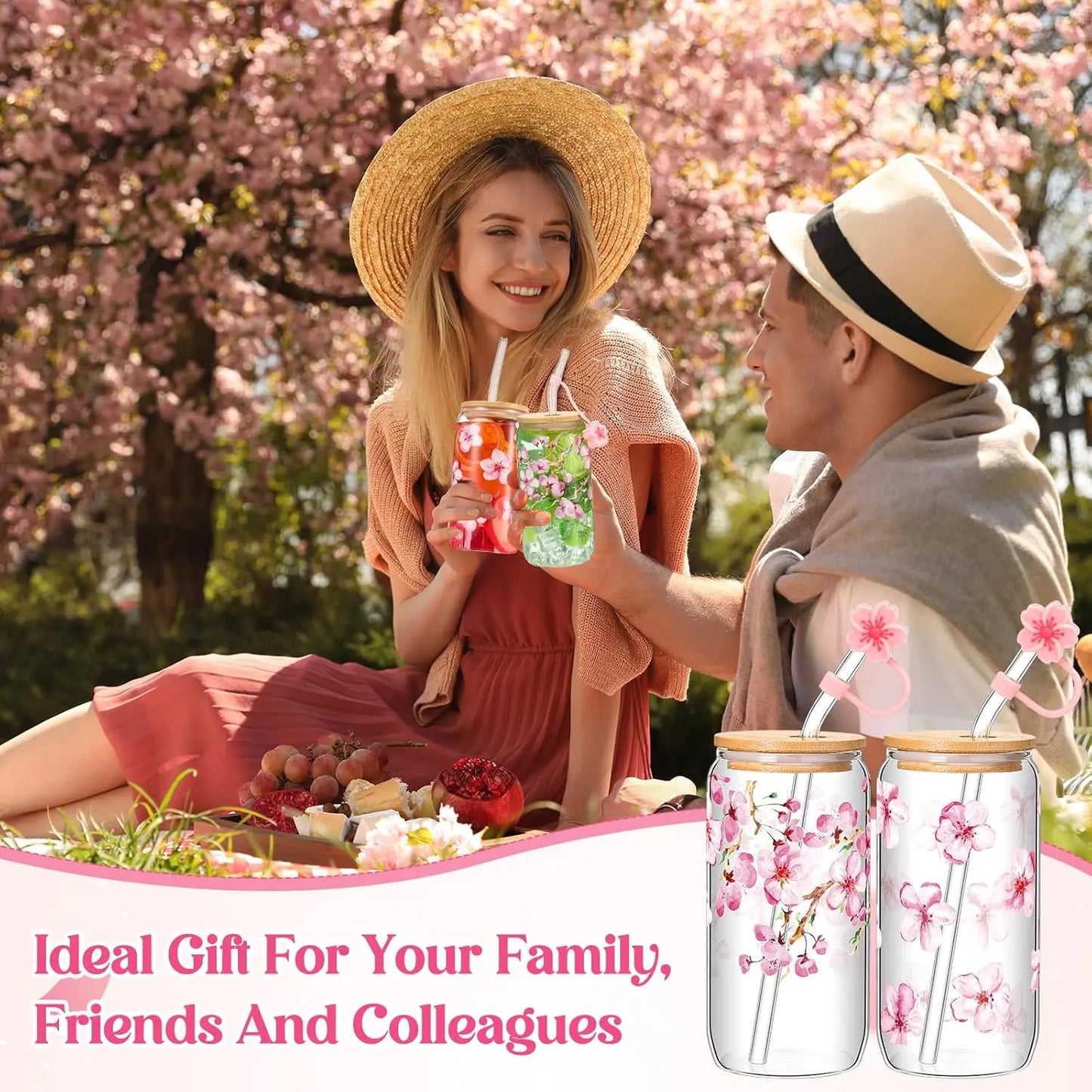 Cherry Blossom Glass Cup Sakura Coffee Cup With Bamboo Lid And Straw Brush