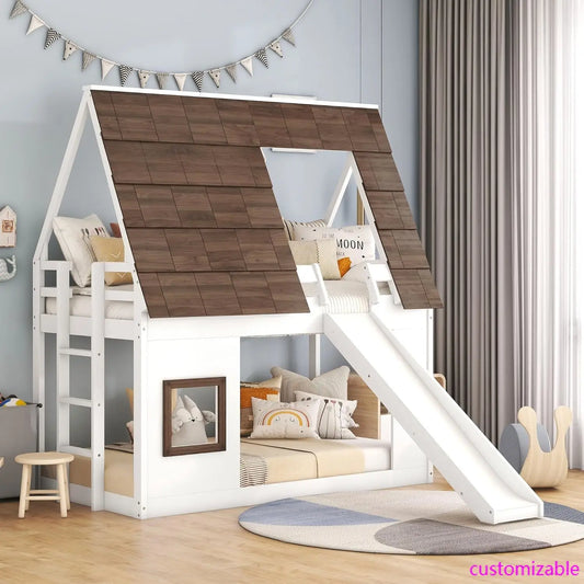 XMSJ Twin Over Twin Bunk Bed With Rooftop And Slide