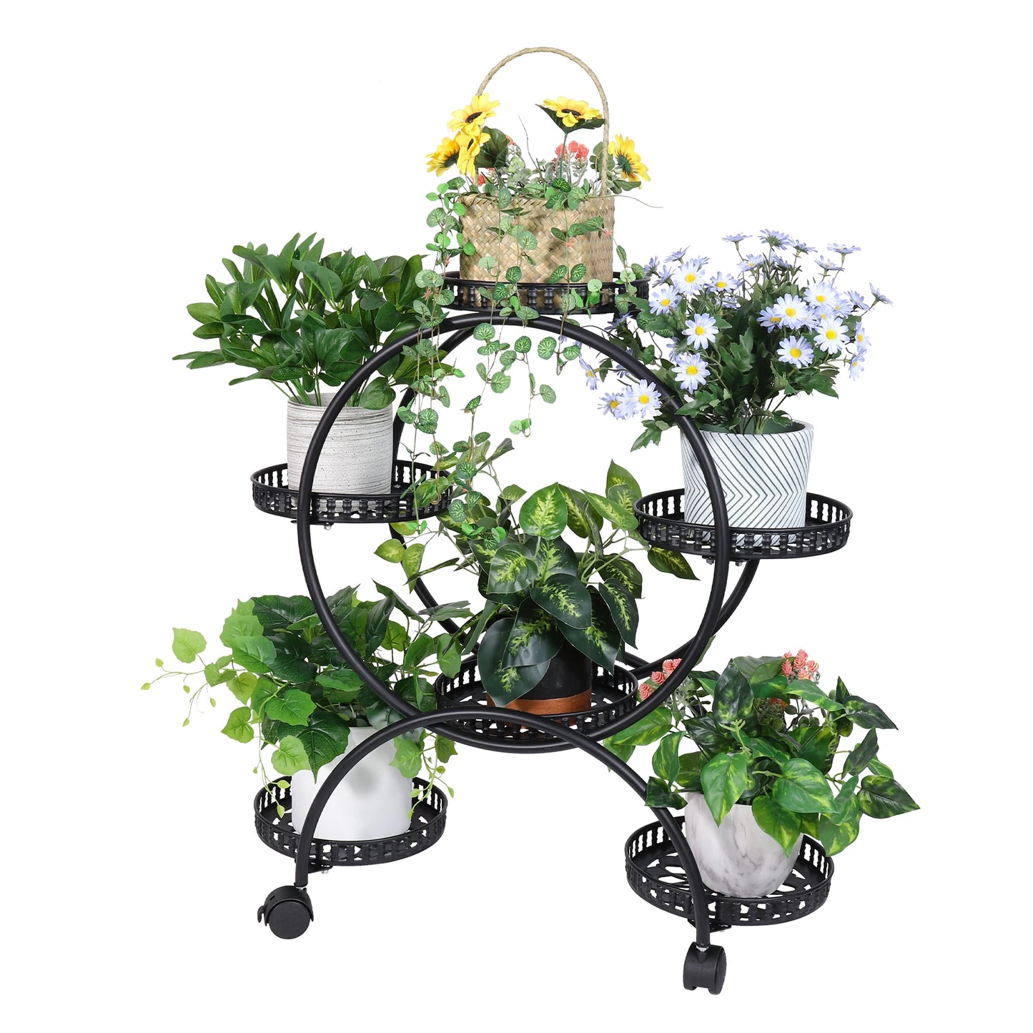 Wooden plant stand holding multiple indoor green plants in a living room