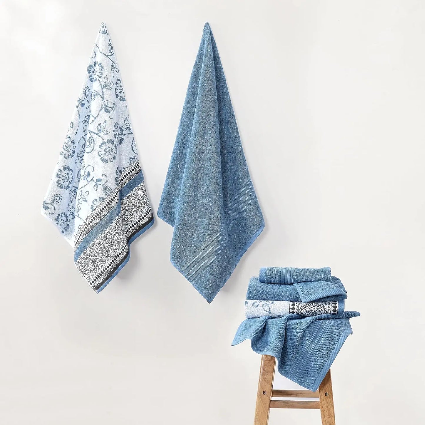 6-Piece Jacquard Towel Set: 2 Bath, 2 Hand, 2 Washcloths in Ophelia Blue - Modern Threads