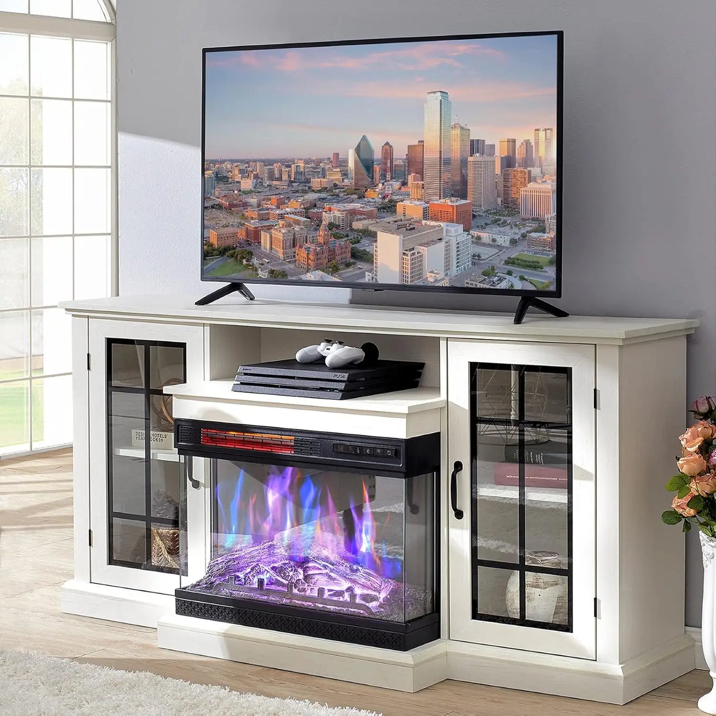 Three Sided Glass Fireplace TV Stand With Adjustable Flame Effects