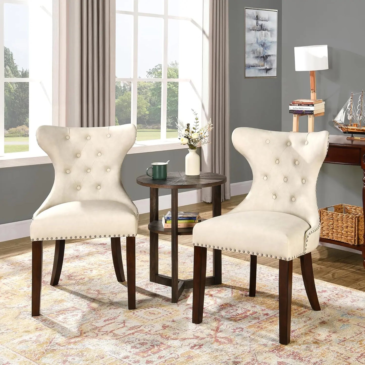 Upholstered Modern Dining Chairs Set of 2, High-end Button-Tufted Leather Dining Room Chairs with Nailhead Trim,, Customized