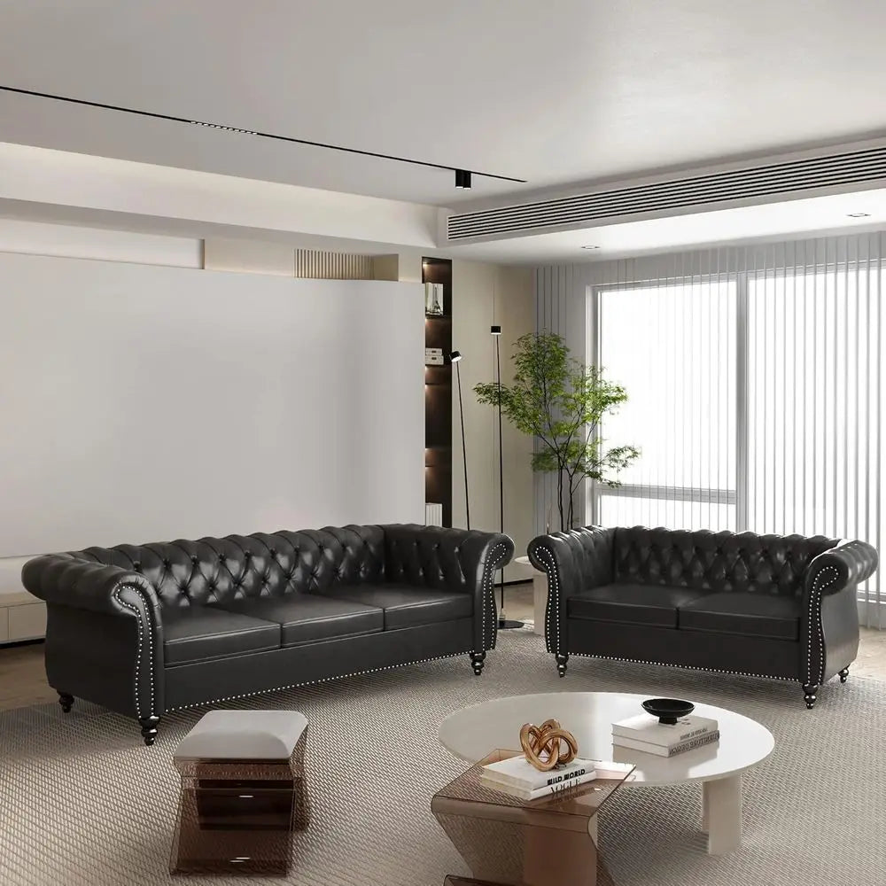 Chesterfield Leather Sofa and Loveseat with Scroll Arm
