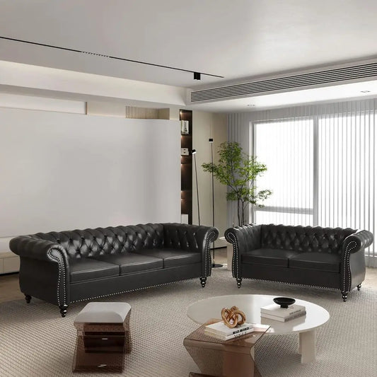 Chesterfield Leather Sofa and Loveseat with Scroll Arm