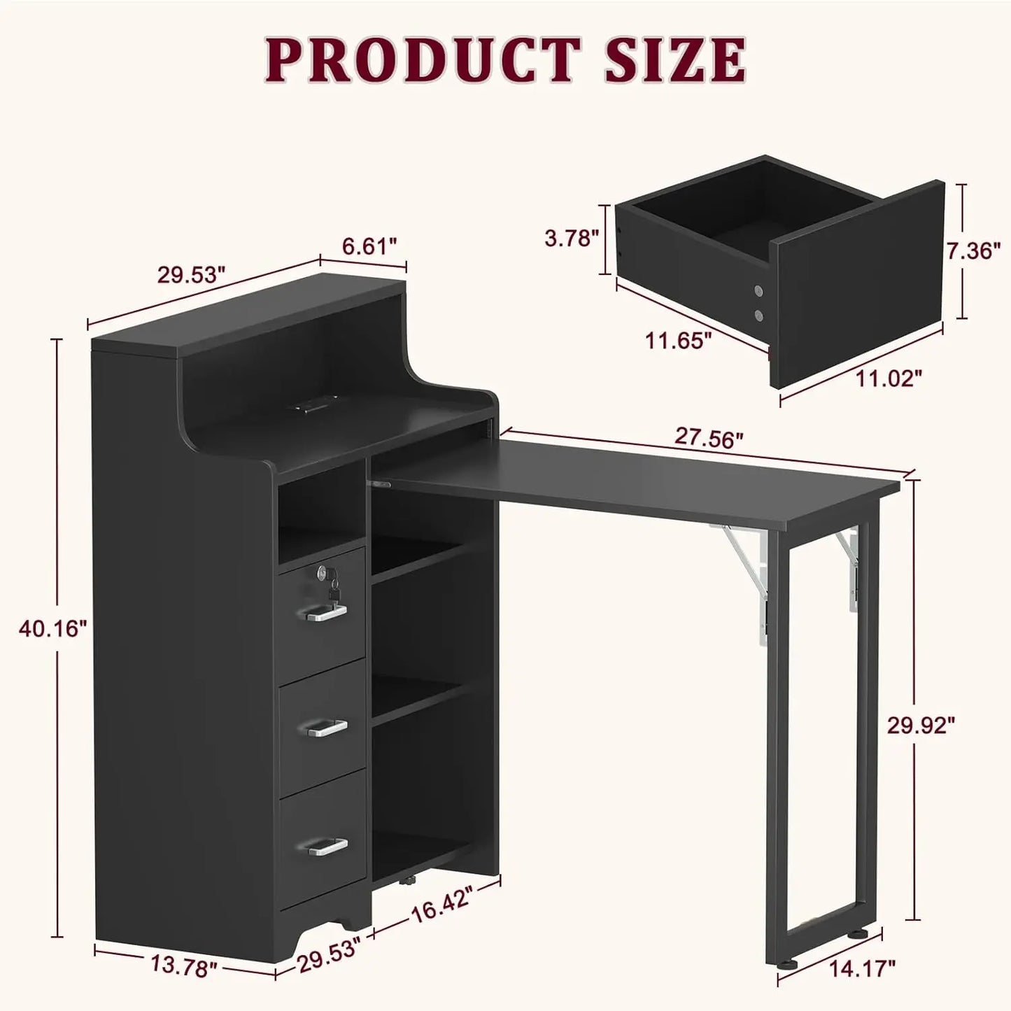Nail Desk for Nail Tech, L Shape Foldable Manicure Table with Cabinet Drawer & Built-in Charging Station, Portable, Customized