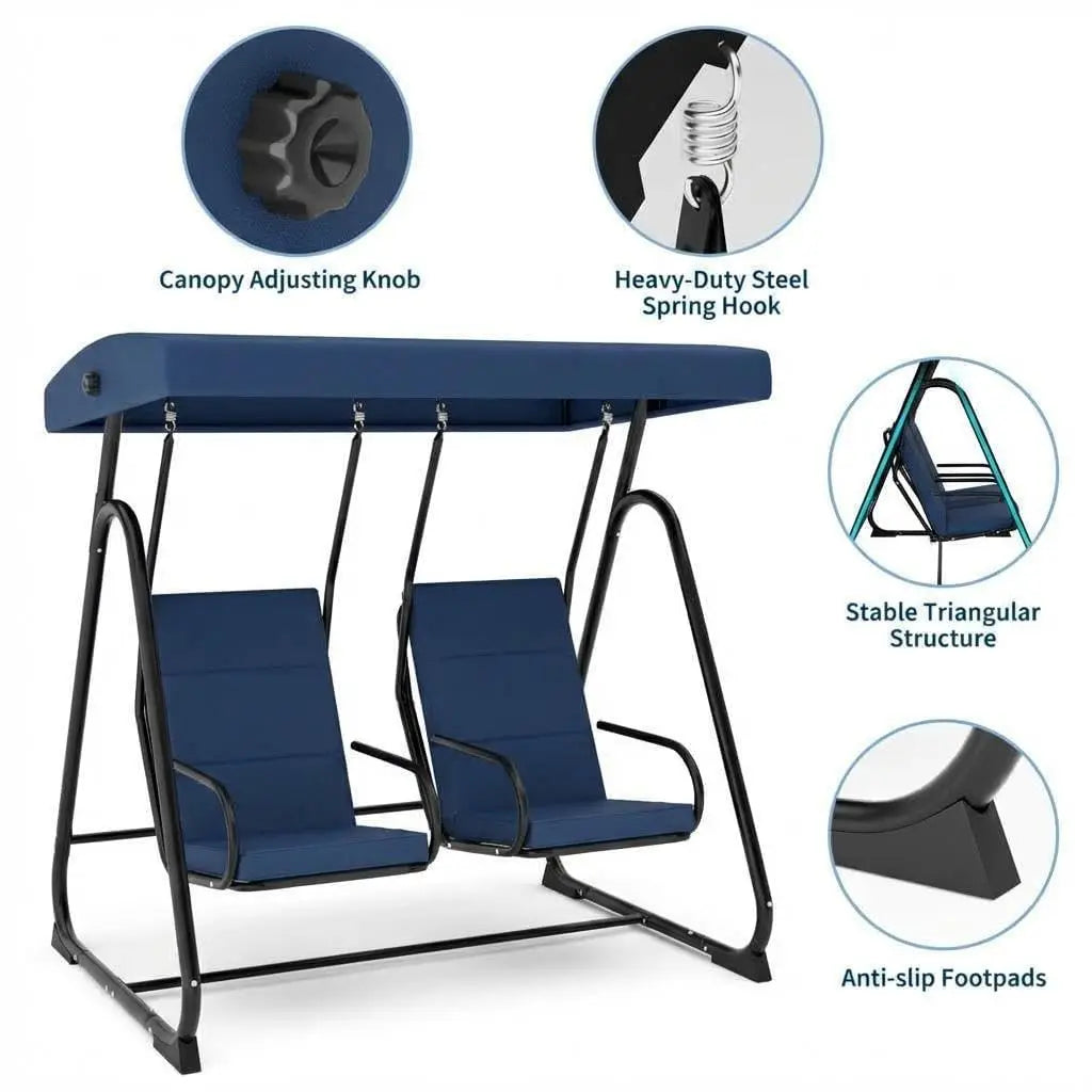 2 Person Outdoor Swing Chair Adjustable Canopy, Heavy Duty Porch Glider, Removable Cushions, Patio Swing For Garden Poolside