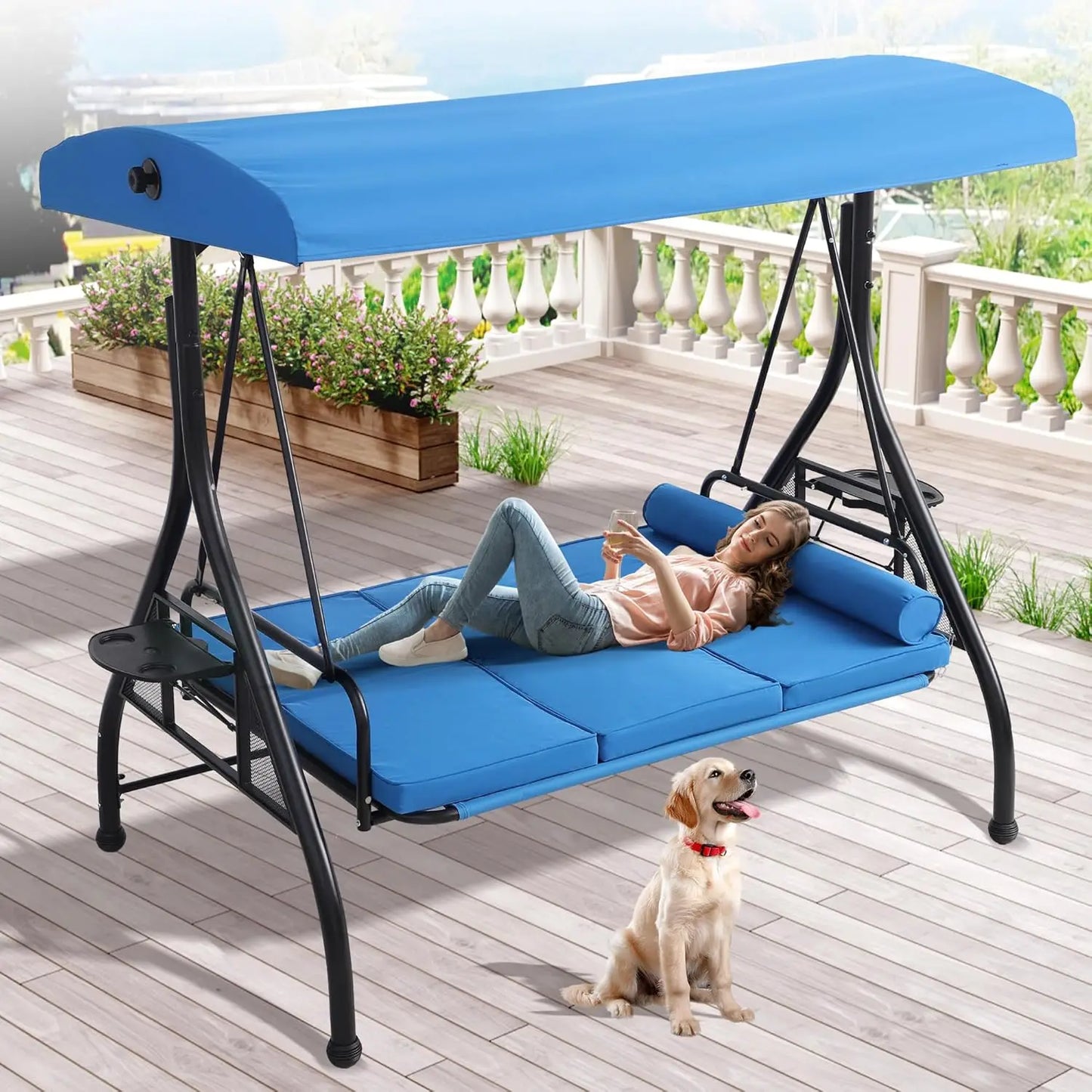 Outdoor Porch Swing With Canopy And Stand 3 Person
