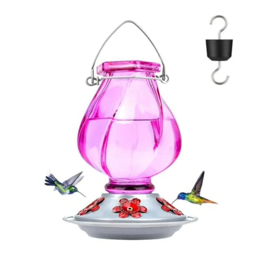 Hummingbird Feeder, Hand Blown Glass Hummingbird Feeders for Outdoors Hanging with Ant Moat, 5 Bee-Proof Ports, Leak-Proof, 360