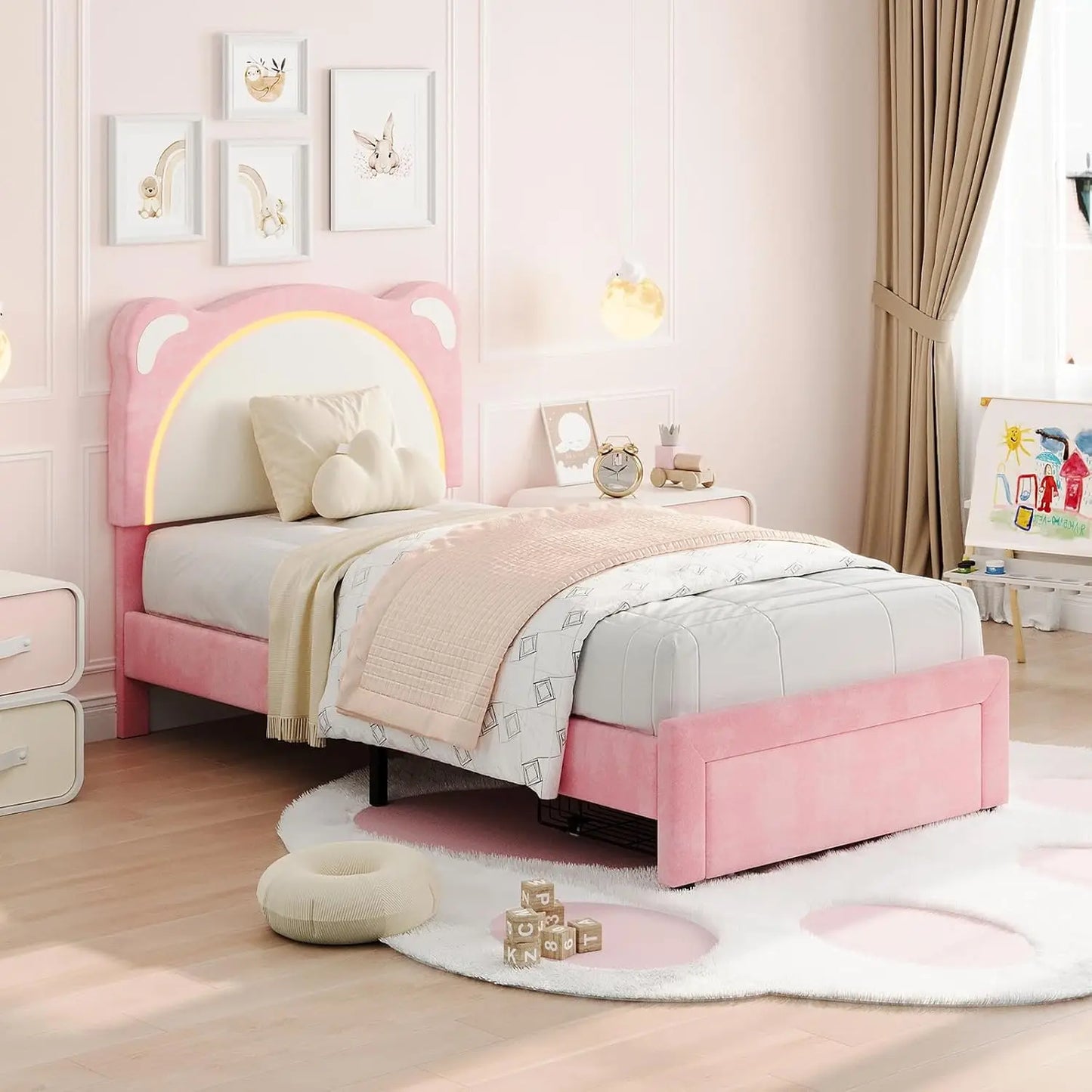 Led Bed Frame With Storage And Bear Headboard In Velvet
