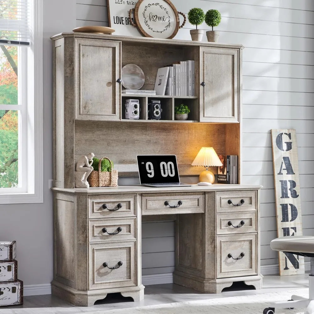 Farmhouse Executive Desk with Hutch,Wood Home Office Computer Desk, Featuring Keyboard Tray,Customized