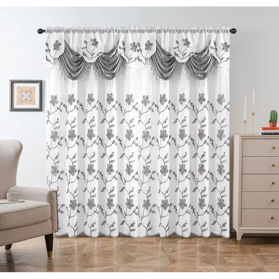 Embroidered Sheer Curtain 2 Panels Set Luxury Window Curtain Attached Valance with Satin Backing and 2 Tie Backs for Living Room