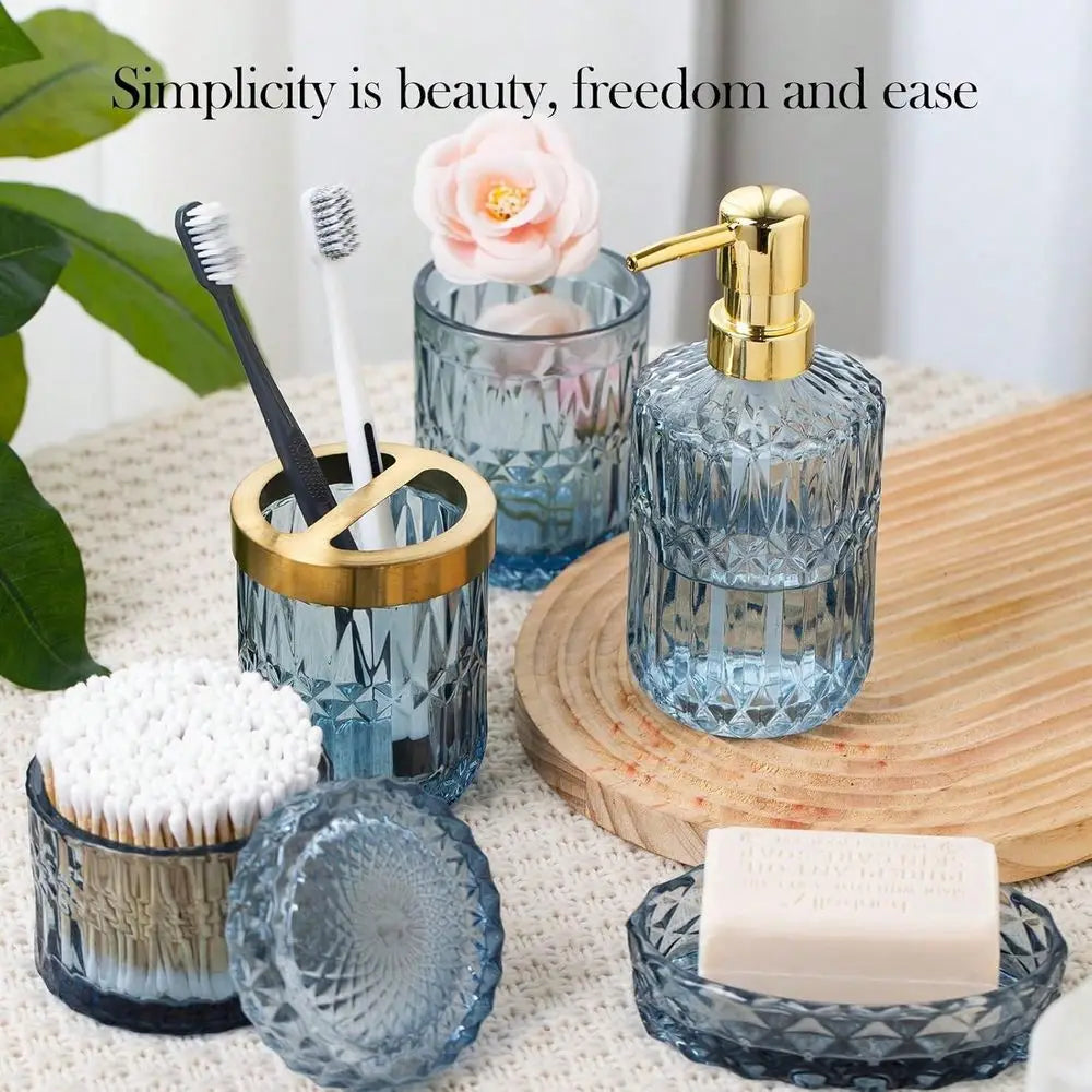 Bathroom Set,Blue Bathroom Accessories Set,Includes Lotion Soap Dispenser, Soap Dish, Toothbrush Holder, Tumbler, Cotton Swab J
