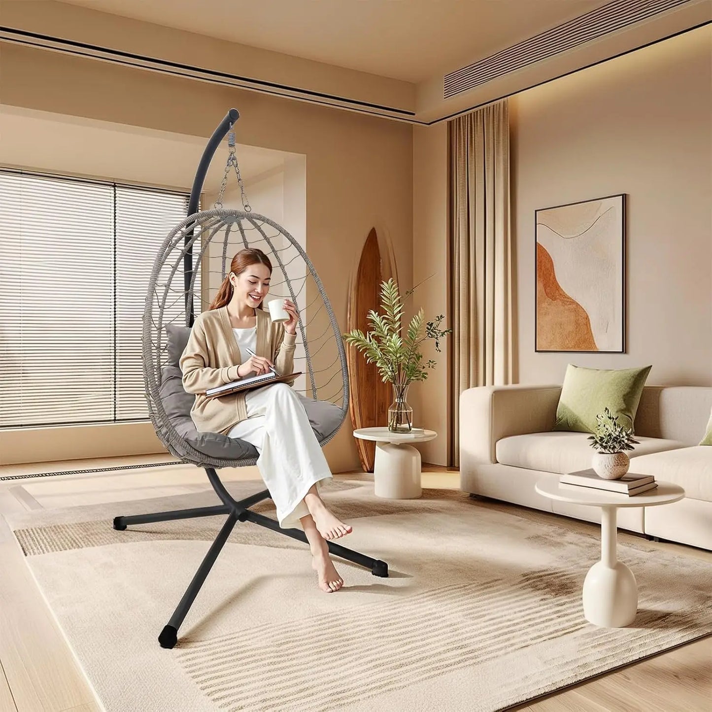 Hanging Egg Chair With Stand Outdoor Rattan Wicker Swing Chair