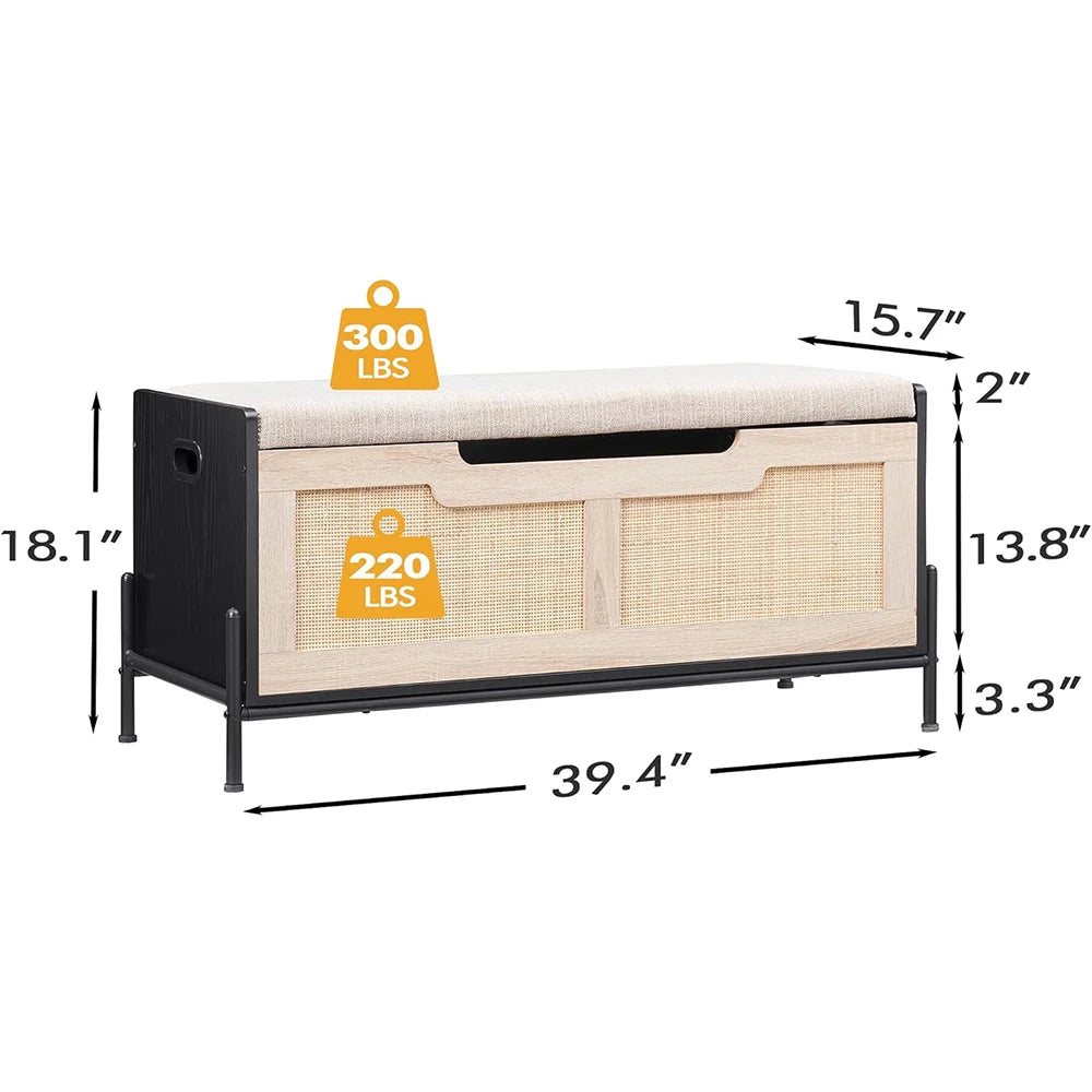 Rattan Storage Bench with Cushion 39.4 Inch Entryway Bench with Storage for Bedroom Living Room Shoe Storage Bench Chest