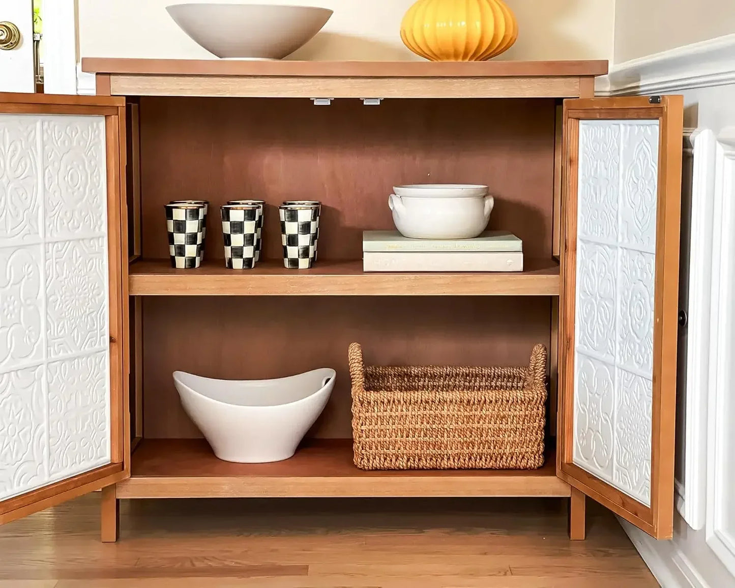Farmhouse Boho Accent Cabinet With Solid Wood Frame