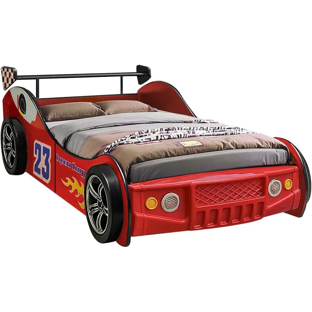Twin Size Kids Race Car Wooden Platform Bed with Board Wheels and Support Slats for Boys Toddlers Bedroom (Red)