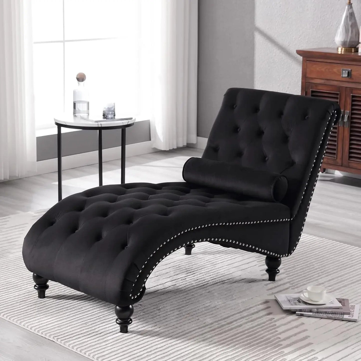 Velvet Chaise Lounge Upholstered Chair With Pillow For Living Room