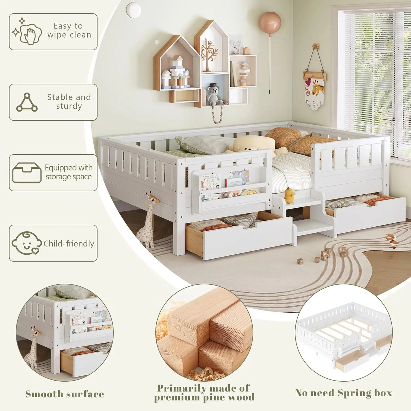 Queen Size Montessori Kids Bed Frame with Stairs Bookshelf Drawers Storage Low-Profile Wood for Boys Girls Room, Customized