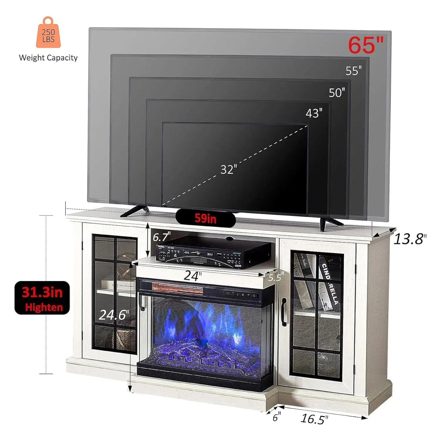 Three Sided Glass Fireplace TV Stand With Adjustable Flame Effects