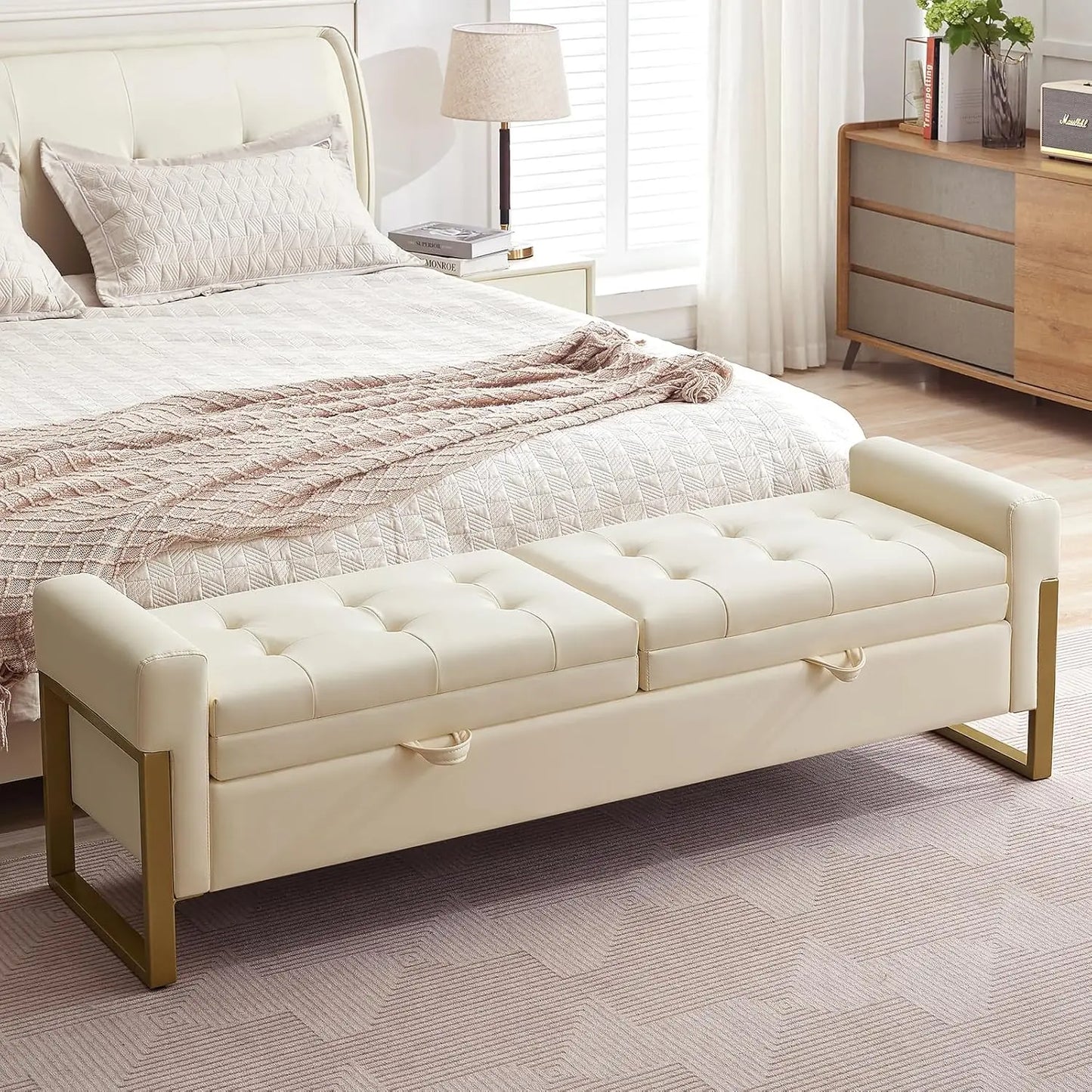 Velvet Storage Bench With Golden Legs For Bedroom Storage