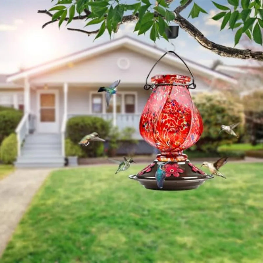 Hummingbird Feeder, Hand Blown Glass Hummingbird Feeders for Outdoors Hanging with Ant Moat, 5 Bee-Proof Ports, Leak-Proof, 360