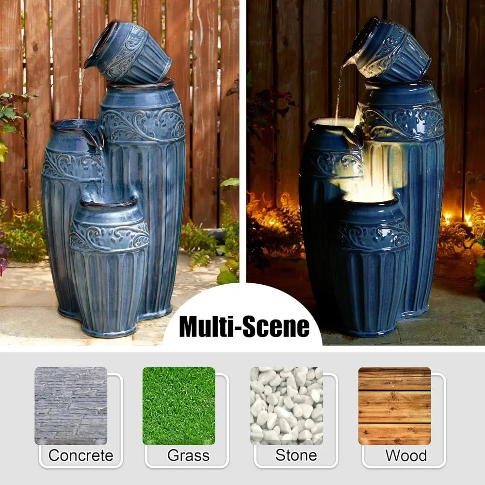 35.5 "H large outdoor fountain with LED lights and water pump, 4-storey relief ceramic fountain, porch terrace vertical fountain