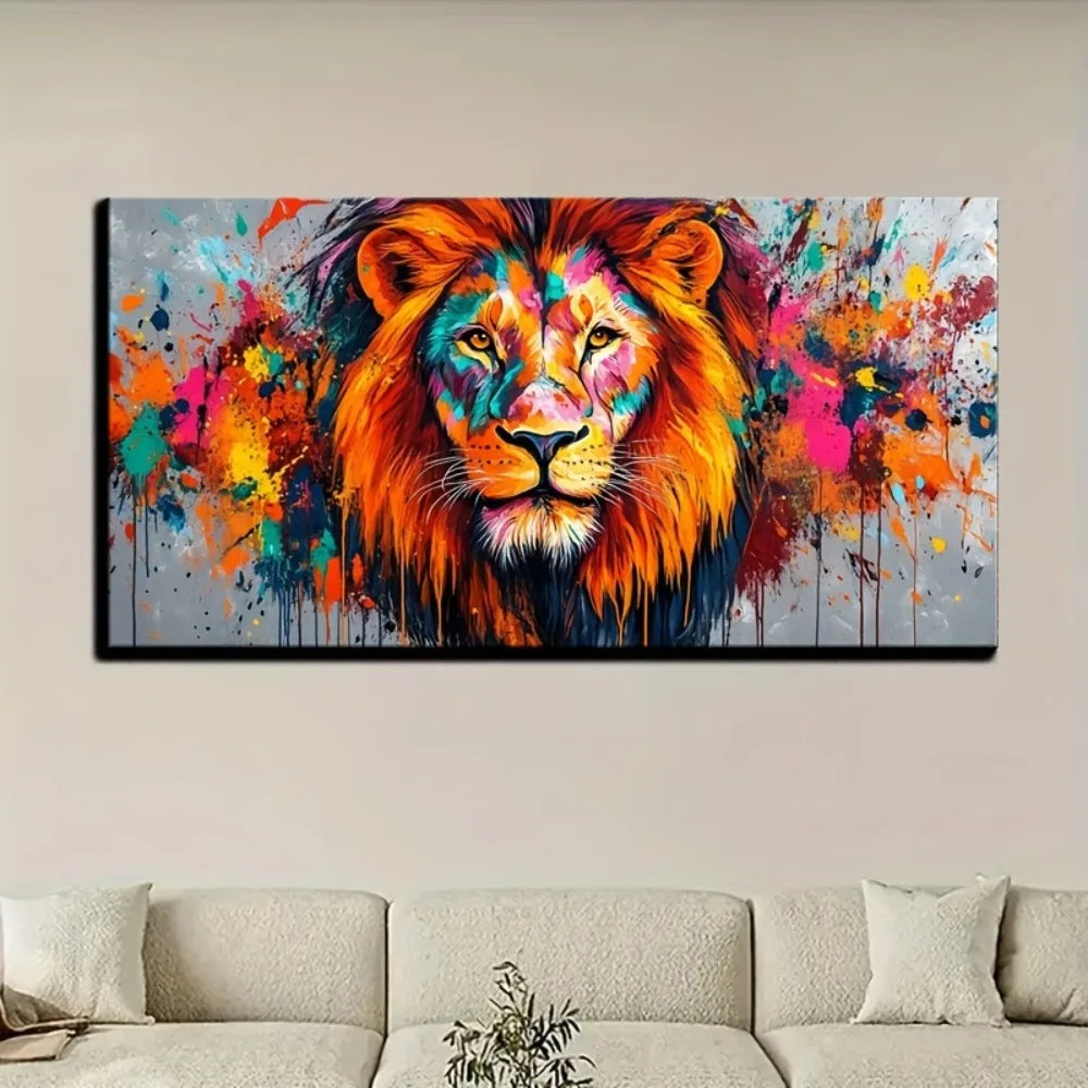 Lion Canvas Wall Art With Pine Solid Wood Frame Decoration