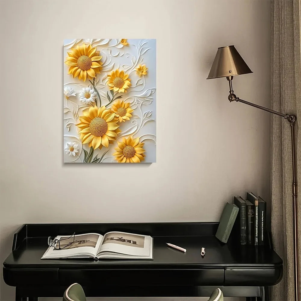 Sunflower 3D Relief Canvas Art With Wood Frame Living Room