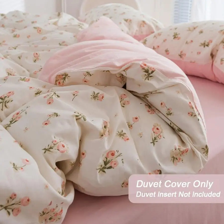 Duvet Cover Set Queen Size,Pink Floral Flowers Bedding Duvet Cover Queen with Zipper Closure,Reversible Comforter Duvet Cover an