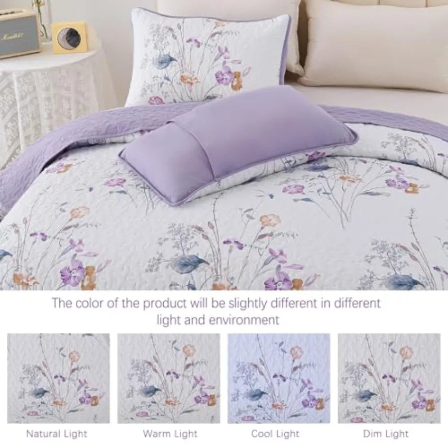 3 Pieces Quilt Set Size, Floral Botanical Plants Pattern Bedspread Coverlet Set with 2 Pillowcases, Soft Lightweight Microfiber