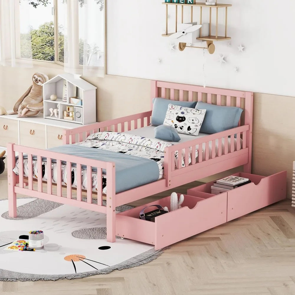 Kids Twin Bed With Guardrails Headboard Footboard And Drawers