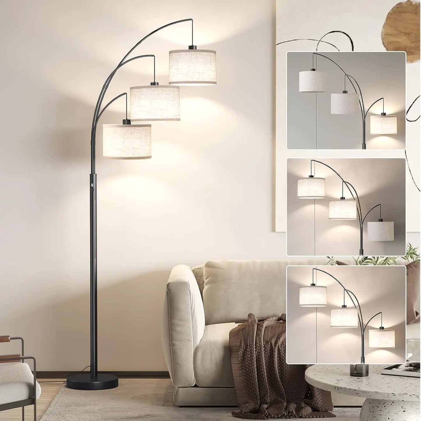 Three Light Arc Floor Lamp with Rotatable Shades for Living Room
