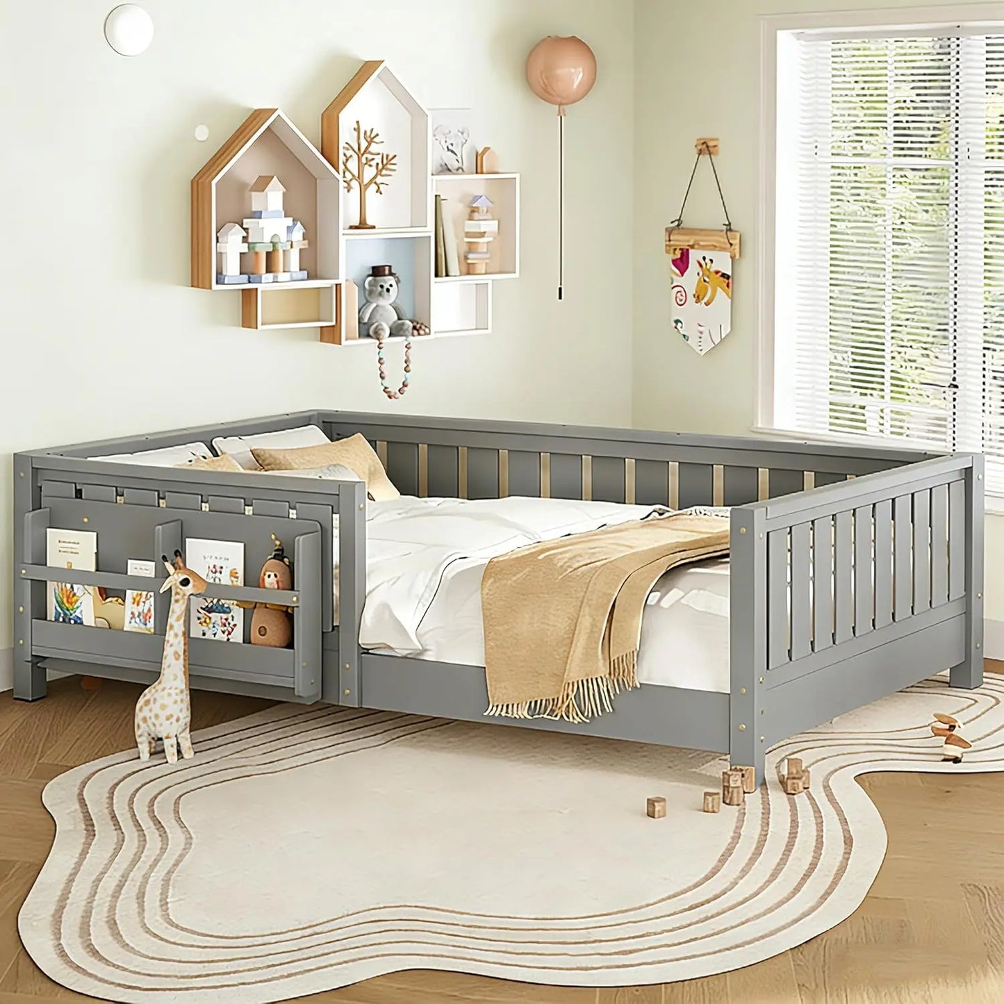 Queen Size Montessori Kids Bed Frame with Stairs Bookshelf Drawers Storage Low-Profile Wood for Boys Girls Room, Customized