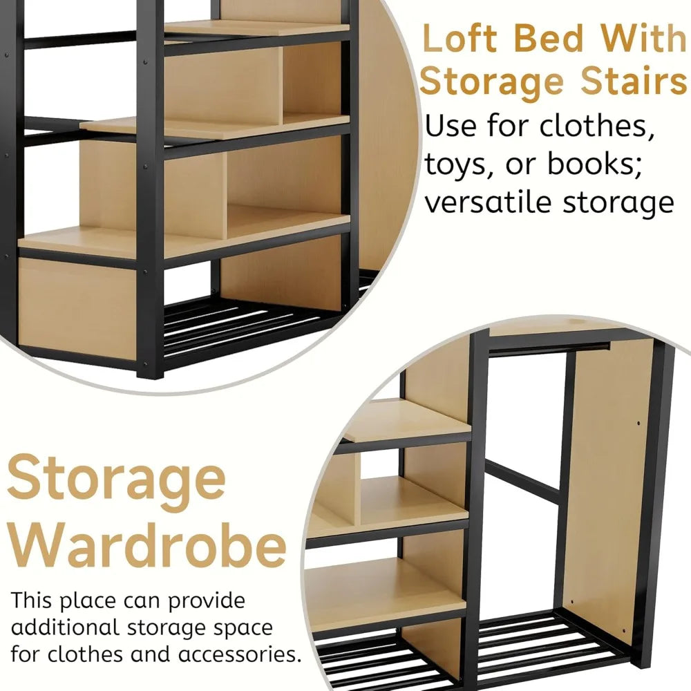 Metal Loft Bed With Stairs Storage Shelves And Wardrobe