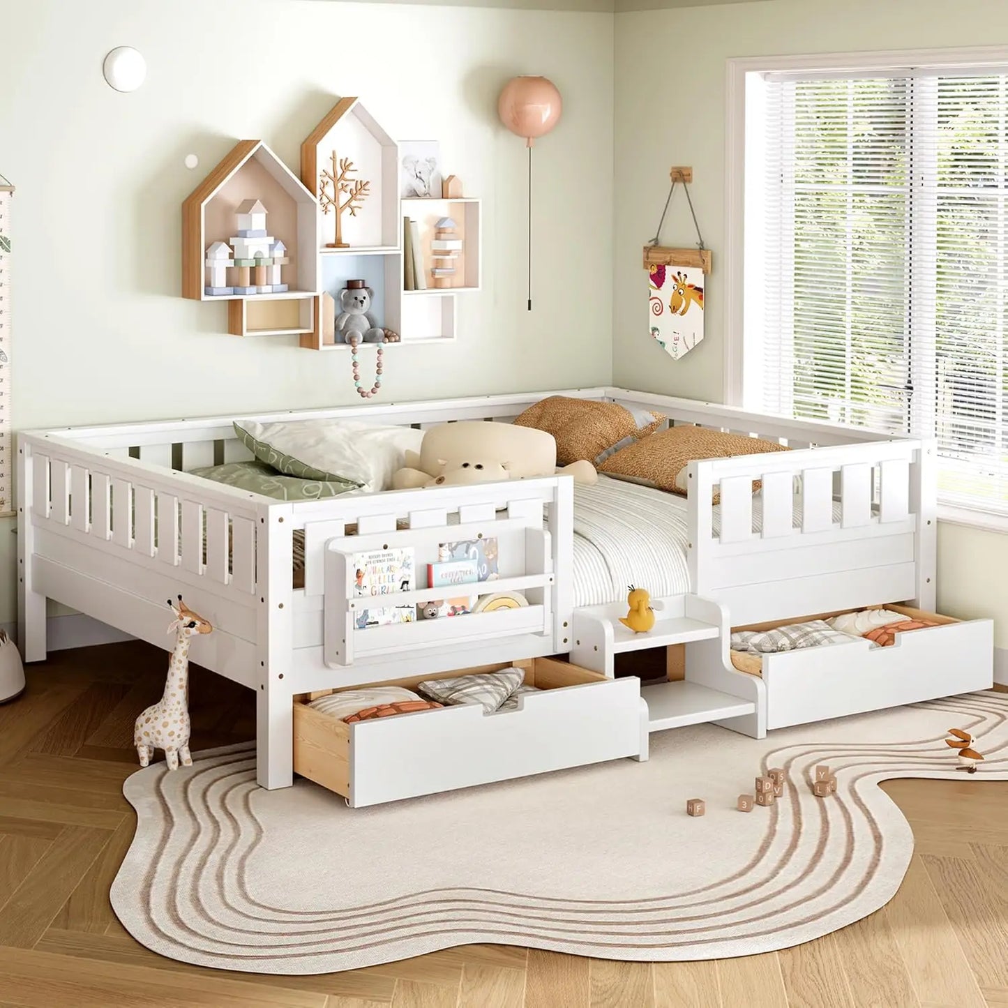 Queen Size Montessori Kids Bed Frame with Stairs Bookshelf Drawers Storage Low-Profile Wood for Boys Girls Room, Customized