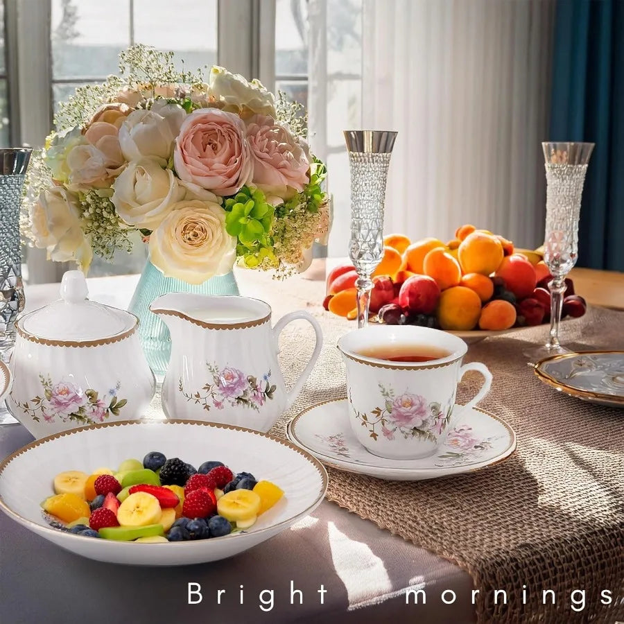 Paradise Timeless Rose Floral 45Piece Dinnerware Set Service for 6 Embossed Swirl Porcelain Plates and Bowls Gold Decal Trim Ap