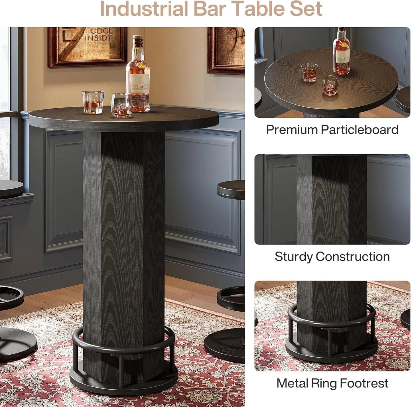 Round Bar Table With Chairs Industrial Bistro Set 2 Barstools