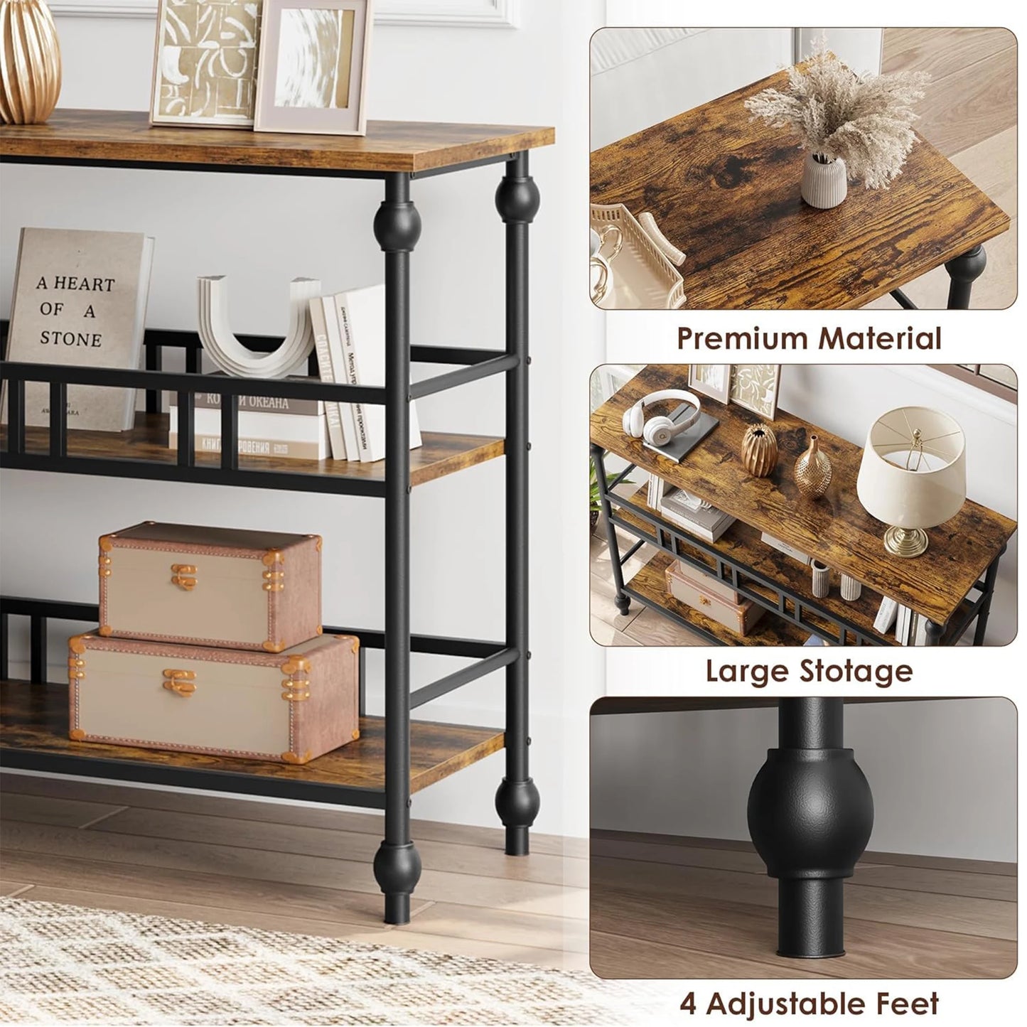 43" Rustic Console Table, 3-Tier Entryway Sofa Table with Shelves & Wood Grain Finish For Living Room Hallway Bedroom